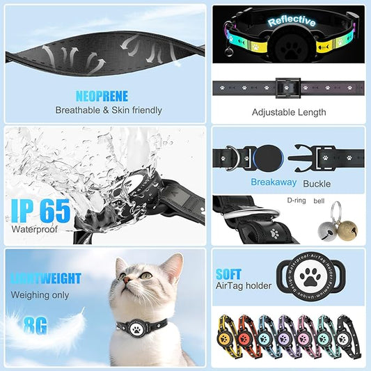 Airtag Cat Collar Breakaway, Reflective Cat Collar with AirTag Holder and Bell, Compatible with Apple Air Tag, Comfortable Padding, Adjustable, Durable (Black)