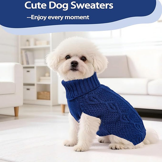 Dog Sweaters Small Dog Clothes Winter Turtleneck Puppy Sweater Warm Pet Cat Sweater Doggy Pullover Outfit with Twisted Design XS~XL(Navy Blue, X-Large)