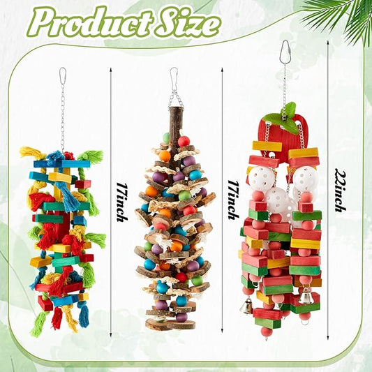 3 Pcs Extra Large Bird Parrot Toy Multicolored Natural Wooden Parrot Cage Chewing Toys for Large Medium Macaws Cockatoos African Grey Birds (Block and Ball)