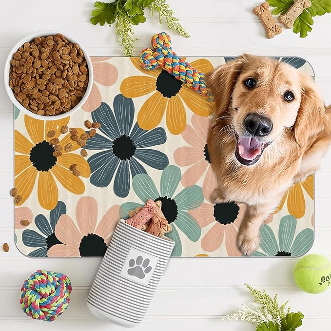 Abstract Daisy Flower Dog Food Mat for Floors,Retro Groovy Flowers Absorbent Pet Food and Water Bowl Mats,Non-Slip Pet Feeding Mat,Pet Supplies 12" x 20"