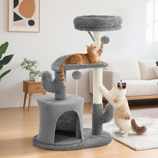 Sweetcrispy 33" Cat Tree Tower for Indoor Cats, Small Cat Scratching Post with Curved Bed, Cat Tree with Cat Condo for Adult, Grey