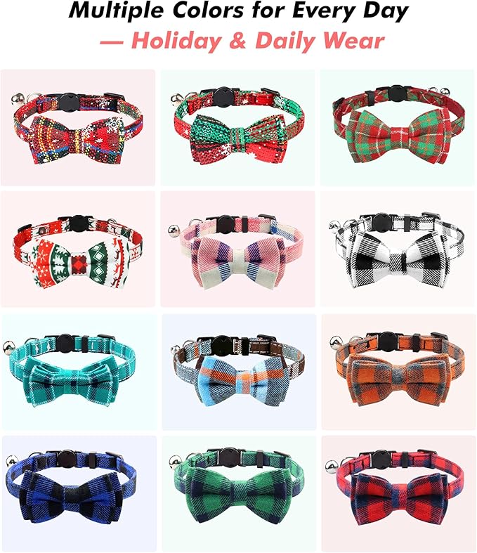 Joytale Upgraded Cat Collar with Bells, Breakaway Cat Collars with Bow Tie, 1 Pack Girl Boy Safety Plaid Kitten Collars, Black