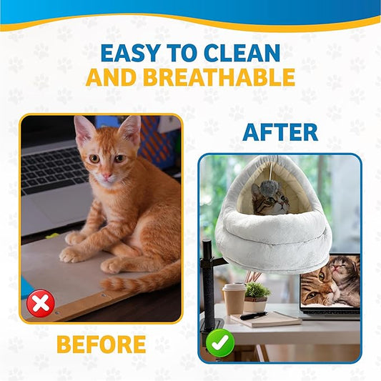 Cat Desk Bed with Scratching Post – Elevated Modern Perch for Desk, Window, or Shelf Use – Dual-Purpose Flat Surface or Plush Bed for Napping & Lounging – Space-Saving Indoor Cat Furniture