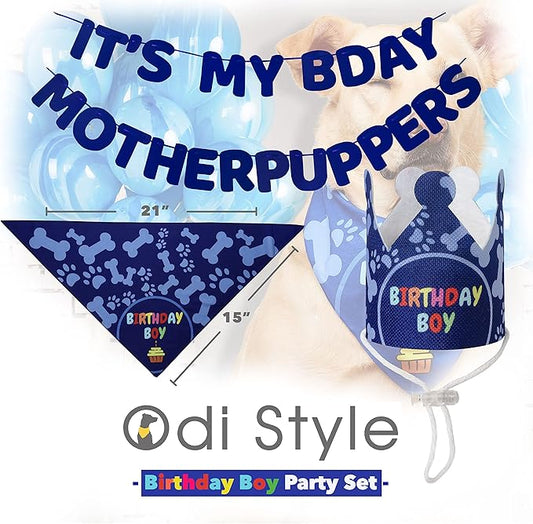 Dog Birthday Party Decorations - Bday Bandana Set - Birthday Boy Bandana for Small Dogs, Puppy, Party Hat, Crown and Cute Dog Birthday Banner with It's My Birthday Mother Puppers Sign