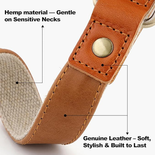 Plutus Pet Genuine Leather & Hemp Dog Collar – Adjustable Heavy Duty Pet Collar with Quick Release Metal Buckle, Soft & Stylish for Puppy and Small, Medium, Large Dogs (Light Brown, XS)
