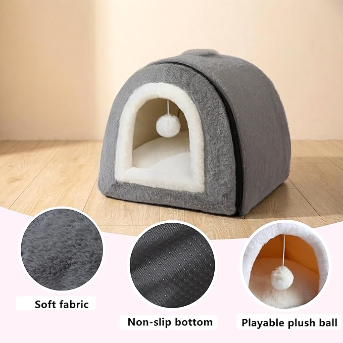 Cat Bed for Indoor Cats,Foldable cat cave,Anti-Slip & Water-Resistant Bottom,cat Houses for Indoor Cats or Small Dogs, Kitten Tent, Rabbit Bed,2 in 1 pet Bed (Dark Grey)