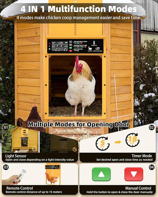 2025 Upgrade 7W Solar Power Chicken Door, Pet Deluxe Automatic Chicken Coop Door with 10PCS Wire Clip, Timer, Light Sensor, LCD Display & Anti-Pinch Durable Aluminum Auto Coop Door with 4 Modes-Gold