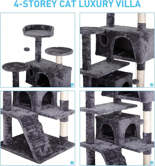 54-Inch Cat Tree for Large Cats, Sturdy Multi-Level Cat Tower with 2 Condos, Hanging Ball and Sisal Scratching Posts, Durable Cat Furniture for Indoor Cats (Dark Grey)