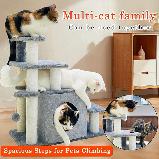 25.6in Cat Tree Tower, Cat Condo with Sisal-Covered Scratching Posts, Cat House Activity Center Furniture for Kittens, Cats and Pets - Dark Gray 