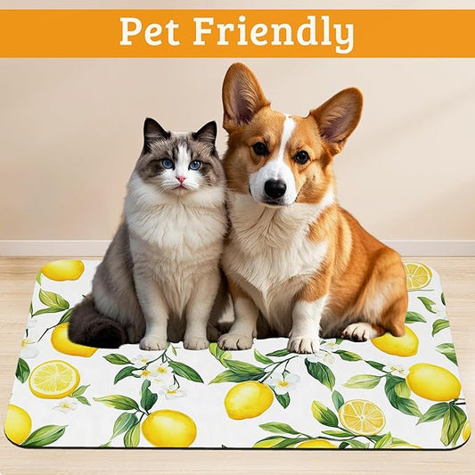Lemon Feeding Mat,Green Leaves Absorbent Quick-Dry Cat Dog Food and Water Bowl Mats,Non-Slip Rubber Backing Mat,Cat Dog Accessories Supplies 16" x 24"