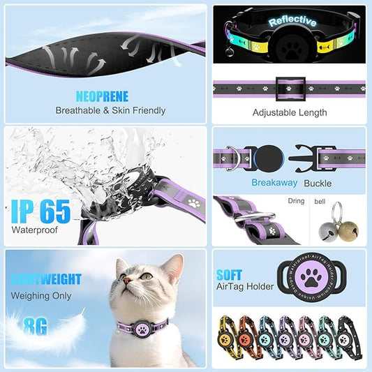 Airtag Cat Collar Breakaway, Reflective Cat Collar with AirTag Holder and Bell, Compatible with Apple Air Tag, Comfortable Padding, Adjustable, Durable (Purple, XS)