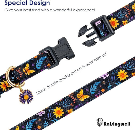 Cotton Dog Collar Purple Flower Pattern for Boys and Girls Cute Dog Collars Summer Fall Gift Adjustable for Medium to X-Large Breed Dogs (L)