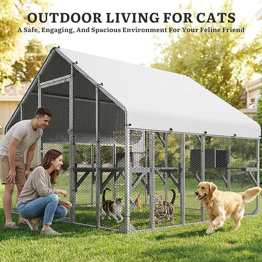 DWVO 94 Inch Catio Outdoor Cat Enclosure, Large Outdoor Cat House for Multiple Cats, Metal Cat Cage Outdoor with Weatherproof Roof, 7 Platforms, 2 Resting Box and Cat Hammock Bed