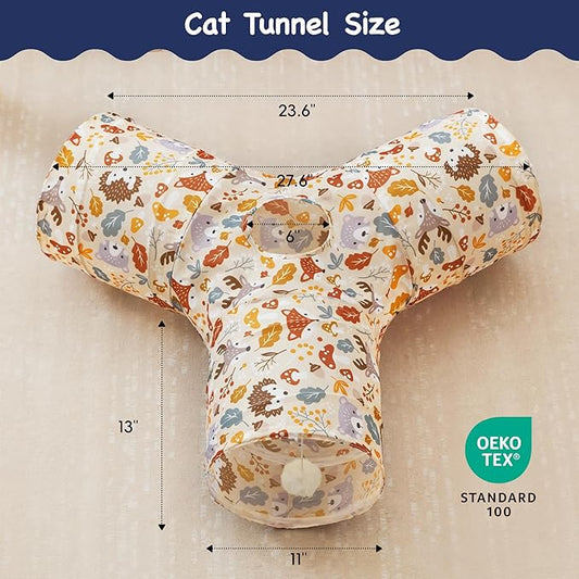 Tempcore Pet Cat Tunnel Tube Cat Toys 3 Way Collapsible, Cat Tunnels for Indoor Cats,Kitty Tunnel Bored Pet Toys Peek Hole Toy Ball Puppy, Kitty, Kitten, Rabbit Beige Deer