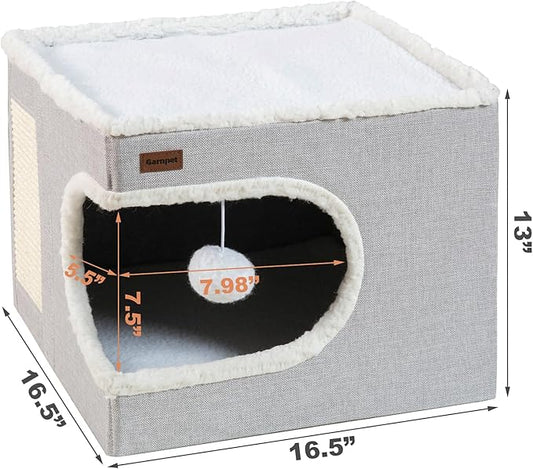 Cat Bed for Indoor Cats Cube House, Covered Cat Cave Beds & Furniture with Scratch Pad and Hideaway Tent, Cute Modern Cat Condo for Multi Small Pet Large Kitten Kitty, Green