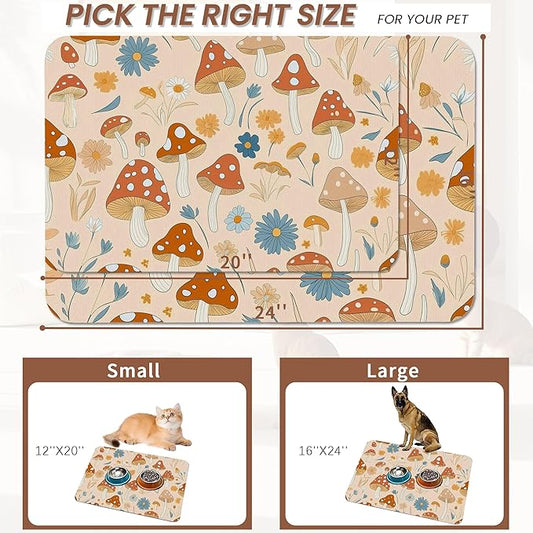 Cute Mushroom Flower Dog Cat Food Mat,Absorbent Pet Feeding Mat with Rubber Backing,Non-Slip Water Bowl Placemat,Indoor Pet Accessories Supplies 16"x24"