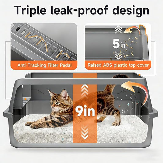 Stainless Steel Cat Litter Box, Odor Free Metal Litter Box with High Sides Lid, Open Top Low Entry Litter Pan Include Scoop Easy Cleaning Anti-Scratch Kitty Cat Box Anti-Urine Leakage, Non-Sticky