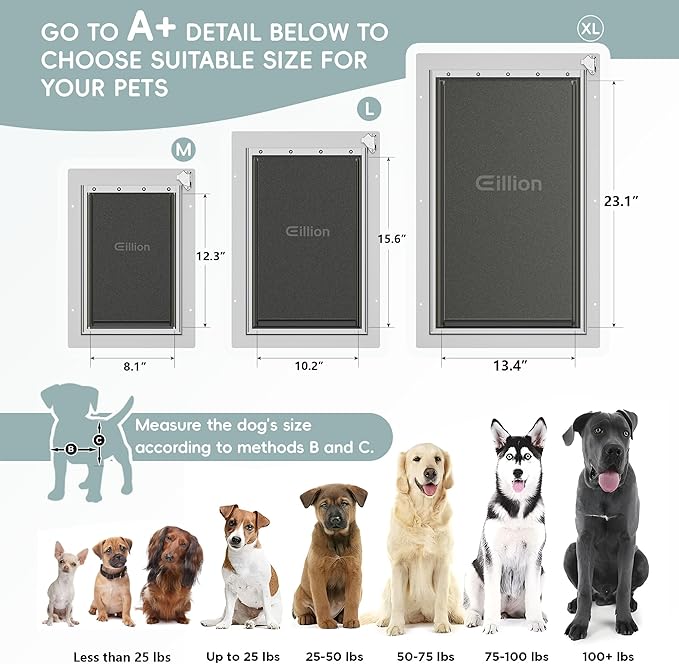 Extra Large Dog Door for Exterior Door, Up to 220 lbs, Doggy Door with 3 Flaps Opening 13.4" x 23.1", Aluminum Frame, Metal Closing Panel and Lock, XL Dog Door for Exterior Doors