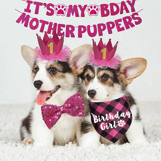 Dog Birthday Decorations, Multi Sizes Dog Birthday Bandana Girl Dog Birthday Hat Crown Bow Tie Birthday Numbers It’s My Bday Mother Puppers Sign Banner for Small Dogs Pets (Pink, Small)