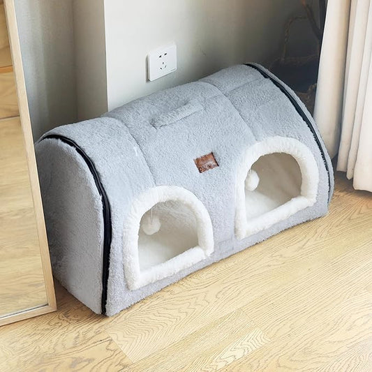 Cat Bed for Indoor Cats,Foldable cat cave,Anti-Slip & Water-Resistant Bottom,cat Houses for Indoor Cats or Small Dogs, Kitten Tent, Rabbit Double Hole Bed:(27.5"×15.3"×15"