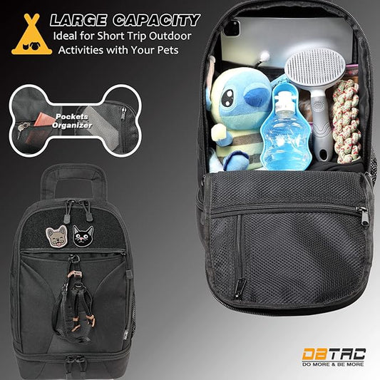 DBTAC Tactical Pet Backpack for Small Dogs & Cats - Compact Travel Bag with Insulated Pocket & 1x Detachable Food Container Included | Outdoor Hiking, Road Trip, Airplane Approved (Black)