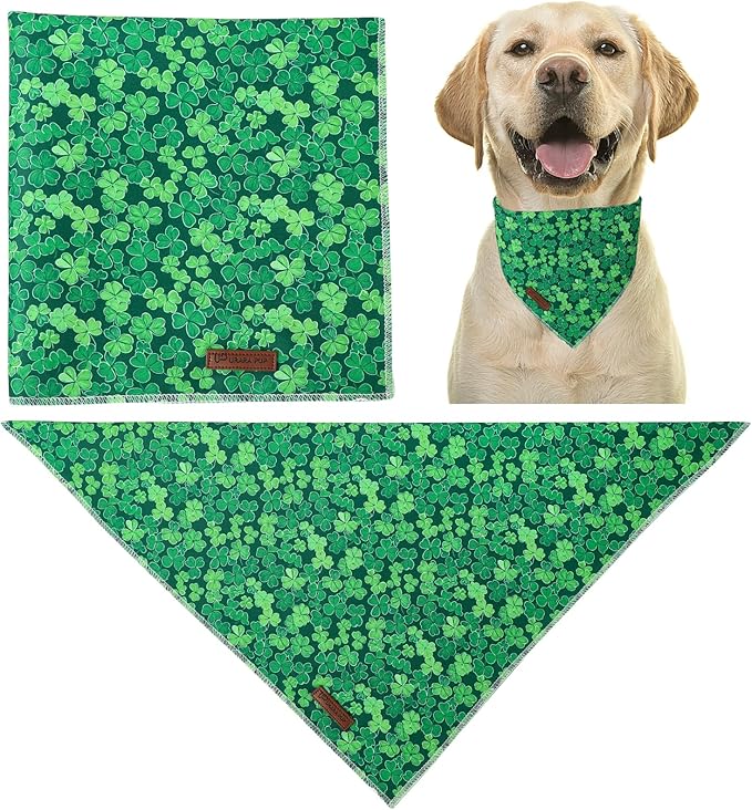 St. Patrick's Dog Bandana, UP URARA PUP Shamrock Triangle Bid Scarf for Medium Large Dogs, Cotton Kerchief for Girl Boy Puppies, Cute Spring Green Bandana,L