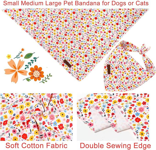 Floral Dog Bandana, UP URARA PUP Flowers Triangle Bid Scarf for Medium Large Dogs, Cotton Kerchief for Girl Boy Puppies, Cute Spring Blossom Bandana,L
