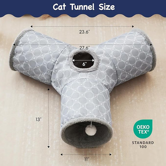 Tempcore Pet Cat Tunnel Tube Cat Toys 3 Way Collapsible, Cat Tunnels for Indoor Cats Fleece-Lined in for Warmth,Kitty Tunnel Bored Pet Toys Peek Hole Toy Ball Cat, Puppy, Kitten, Geometry Grey