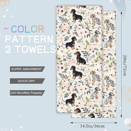 Cute Dachshund Hand Towels - 2 Pack,14.5" X 28",Soft Microfiber Polyester Towel Set with Weiner Dog-Lover & Floral Pattern,for Rustic Bathroom Kitchen Spa Hotel Decor Gifts Women Girl