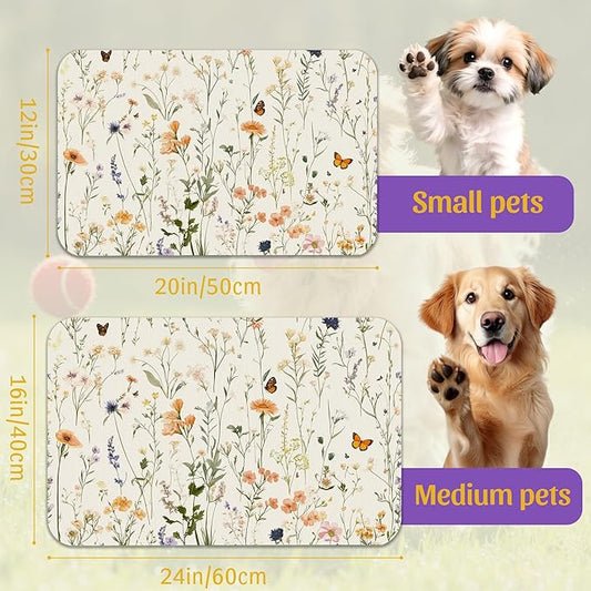 Vintage Wildflowers Herbs Pet Feeding Mat, Absorbent Bowl Pad, Quick Dry, Non-Slip Base, No Stains – 12x20 Inch