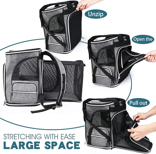 BAGLHER Expandable Pet Carrier Backpack,Pet Backpack for Small Cats Puppies Dogs Bunny, Airline-Approved Ventilate Backpack for Travel, Hiking and Outdoor Use. Grey