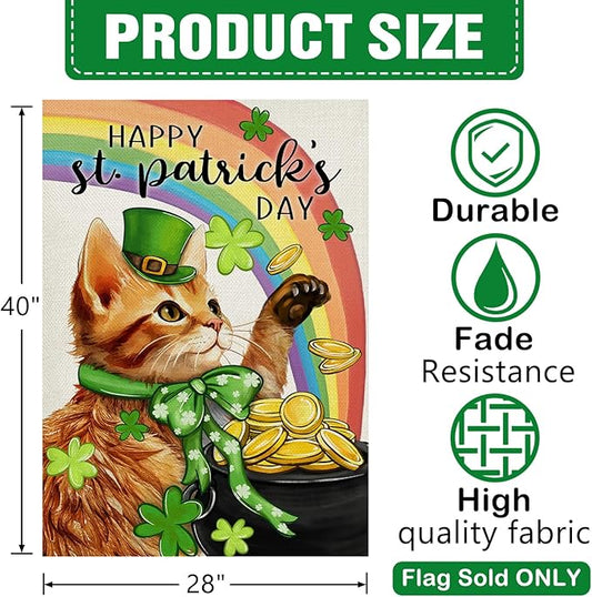 Dyrenson Happy St Patricks Day Orange Cat 28 x 40 House Flag Double Sided, Pet Rainbow Pot of Gold Garden Yard Decoration, Spring Irish Shamrock Clover Burlap Outdoor Decor Decorative Large Flag