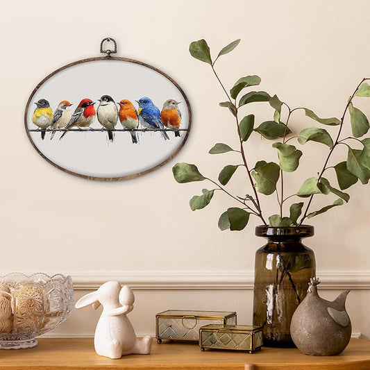 DILSJ Bird Oval Wall Art Decor, Rustic Nature Colorful Sparrow Birds Canvas Wall Art Framed, Watercolor Rustic Sparrow Hanging Decorations for Living Room Bedroom Home, 8.5x11 Inch