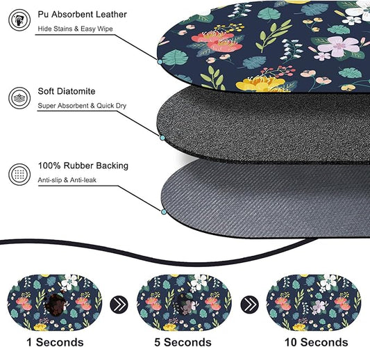 Large Absorbent Dog Mat for Food and Water 28''x17'', Easy Clean Cat Dog Water Bowl Mat, Non-Slip Pet Water Mat Protect Floor, Fit with Automatic Feeders and Double-Bowl, Dakr Blue Floral