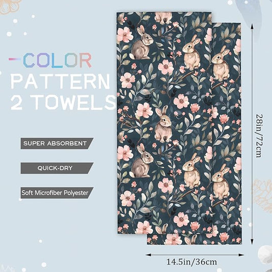 Cute Bunny Hand Towels - 2 Pack, 14.5" X 28",Soft Microfiber Polyester Dark Towel Set with Adorable Rabbit and Floral Pattern,for Whimsical Bathroom Kitchen Spa Hotel Decor Gifts