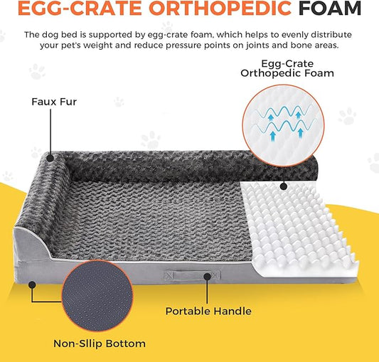 Dog Bed Large Sized Dogs, XXL Orthopedic Dog Bed for Large Dogs, Waterproof Pet Bed with Washable Removable Cover, L-Shaped Pet Couch with Portable Handle 48"x35"x7.5", Grey