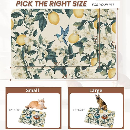 Hummingbird Dog Food Mat for Floors,Vintage Lemon Absorbent Quick-Dry Pet Feeding Mat,Cat Dog Bowl Mats for Food and Water,Non-Slip Pet Accessories Supplies 16"x24"