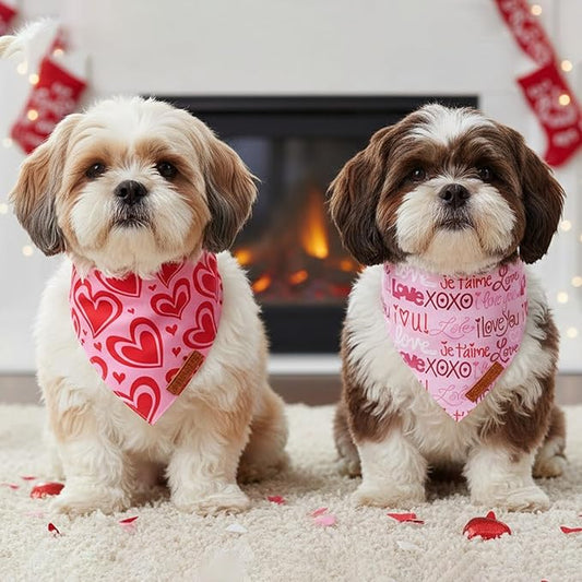 ADOGGYGO Valentine Dog Bandanas 2 Pack, Reversible Heart Love Print Puppy Scarf, Premium Fabric, Adjustable Fit Pink Red Valentine Bandanas for Small Dogs (Small)