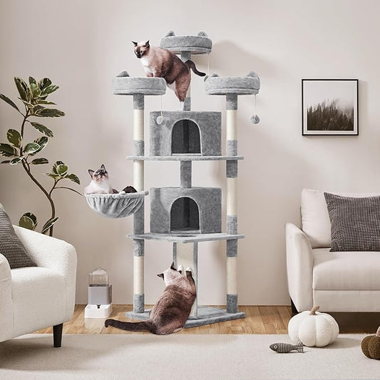 Yaheetech 76in Cat Tree Multi-Level Cat Tower with Large Cat Condo&Cozy Perches Stable Pet Play House w/Sisal-Covered Scratching Posts&Board for Indoor Cats, Light Gray