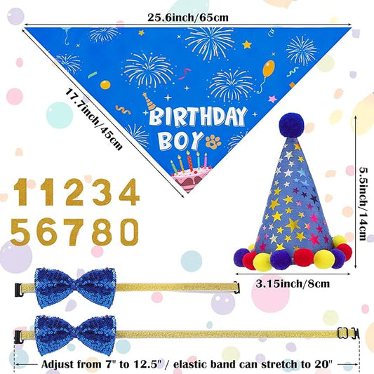 Dog Birthday Decorations, Dog Birthday Hat with Numbers Bandana Bow Tie It’s My Bday Mother Puppers Banner for Small Medium Large Dogs Pets Supplies(Blue)