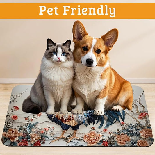 Dog Bowl Mat,Chicken Painting Pet Feeding Mat for Floors Waterproof,Flowers Absorbent Dogs Placemat for Food and Water Quick Dry Pet Cat Feeding Mats with Non Slip Bottom 16" x 24"