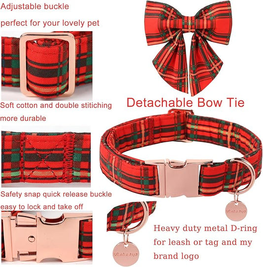 Christmas Dog Collar with Bow Tie, Cotton Christmas Plaid Collar for Medium Girl Boy Dog,Red &Green Plaid Dog Collar Bowtie with Durable Metal Buckle,Adorable Pet Collar,S,Neck 10-16in