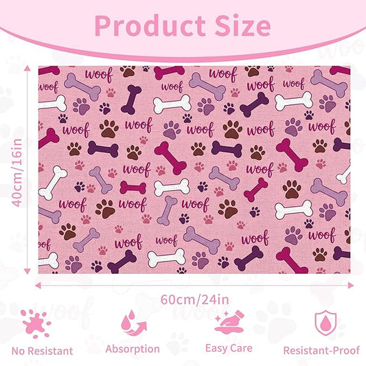 Dog Feeding Mat 24 x 16 Inch, Pink Paw Bone Woof Dog Placemat Absorbent Quick-Dry for Food and Water, Waterproof Non Slip Rubber Pet Bowl Pad Mat for Floors
