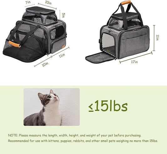 Expandable Pet Carrier Bag - Airline-Approved, Breathable Mesh, Secure Zippers, Padded Handle & Multi-Pockets (Light Grey)