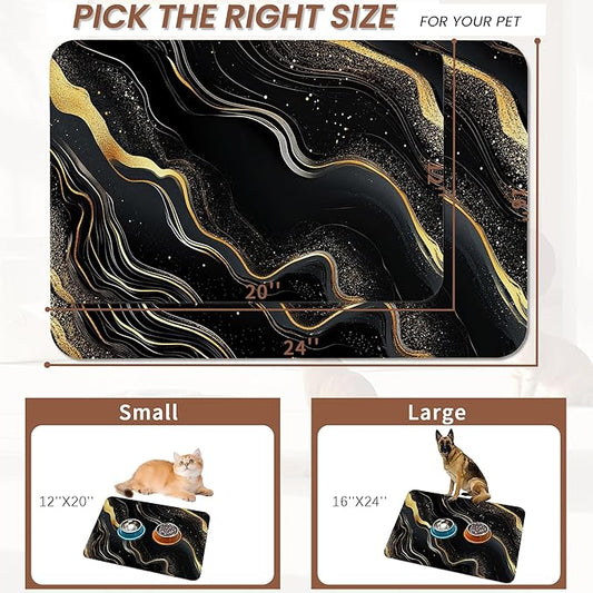 Marble Pet Feeding Mat,Black Gold Flowing Marble Absorbent Quick-Dry Cat Dog Food and Water Bowl Mats,Non-Slip Rubber Backing Mat,Cat Dog Accessories Supplies 12"x20"