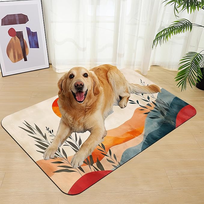 Boho Mountain Sun Pet Food Mat for Cats and Dogs–Christmas Stocking Absorbent Quick Dry Feeding Placemat, Non Slip Rubber Base, Waterproof Bowl Mat for Indoor Use, Pet Supplies 16"x24"