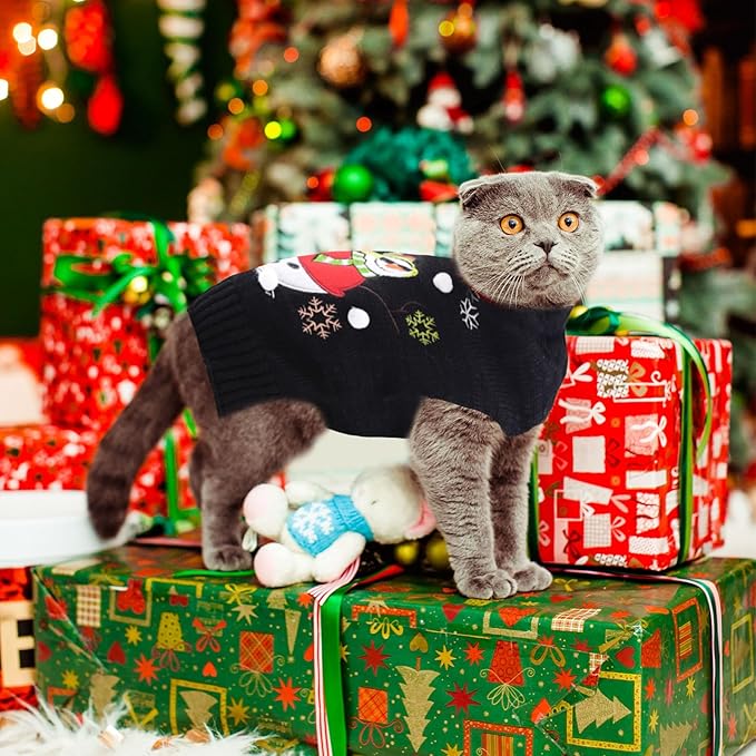 Christmas Dog Sweaters Xmas Pet Outfit Clothes Cute Black Snowman Costume Puppy Cat Knitted Jumpers (XXS,Black Snowman)