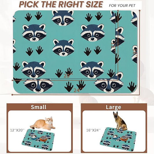 Cute Raccoon Dog Food Mat for Floors,Absorbent Pet Food and Water Bowl Mats,Non-Slip Pet Feeding Mat,Pet Supplies 16" x 24"