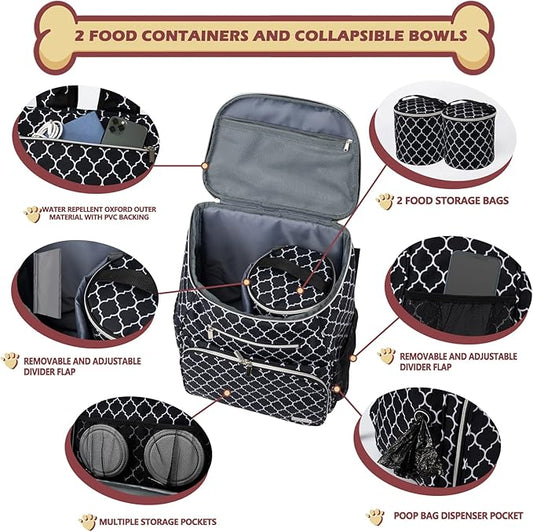 BAGLHER Dog Travel Bag Backpack, Airline Approved Pet Supplies Backpack, Dog Travel Bag with 2 Silicone Collapsible Bowls and 2 Food Baskets DLBlack