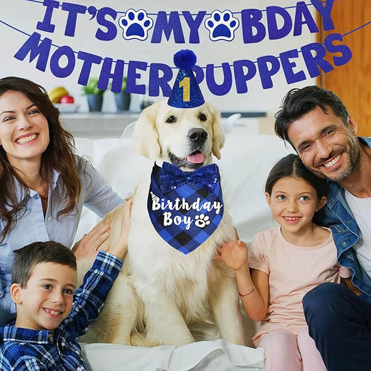 Dog Birthday Party Supplies, Multi Sizes Dog Birthday Hat with Numbers Bandana Bow Tie It’s My Bday Mother Puppers Sign Banner for Medium Large Dogs Pets (Large, Blue)